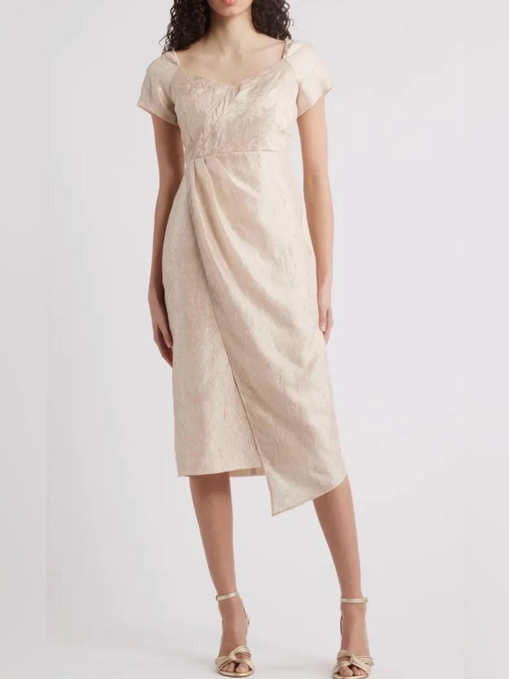 Tahari ASL Light Cream Asymmetrical Wrap-Front Midi Dress